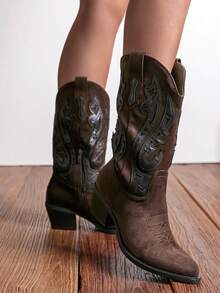 wellspring Ideal With Fall Clothes,Women's Western Style Embroidered Pointed Toe Slip-On PU Knee-High Boots, Chunky & Mid Heel, Winter Warm - Brown - View 2