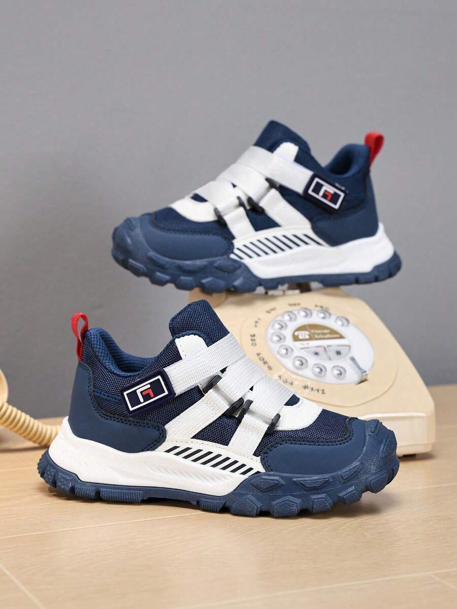 Teens' Fashionable Contrast Color Hook And Loop Sports Shoes - Shock Absorbing Anti-Slip Breathable Mesh Sneakers, Suitable For Outdoor Running And Walking, All Season Wear - Navy Blue - View 1