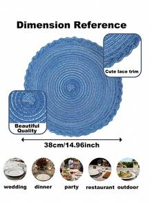 1/4/6/8/12pcs Bohemian Style Woven Round Placemats, Solid Color Braided Lace Edge Non-Slip Table Mats, Home Kitchen Decor Bowl Plate Cup Coasters, Suitable For Holiday Party Birthday Celebration Wedding Dinner Home Decoration - Blue - View 3