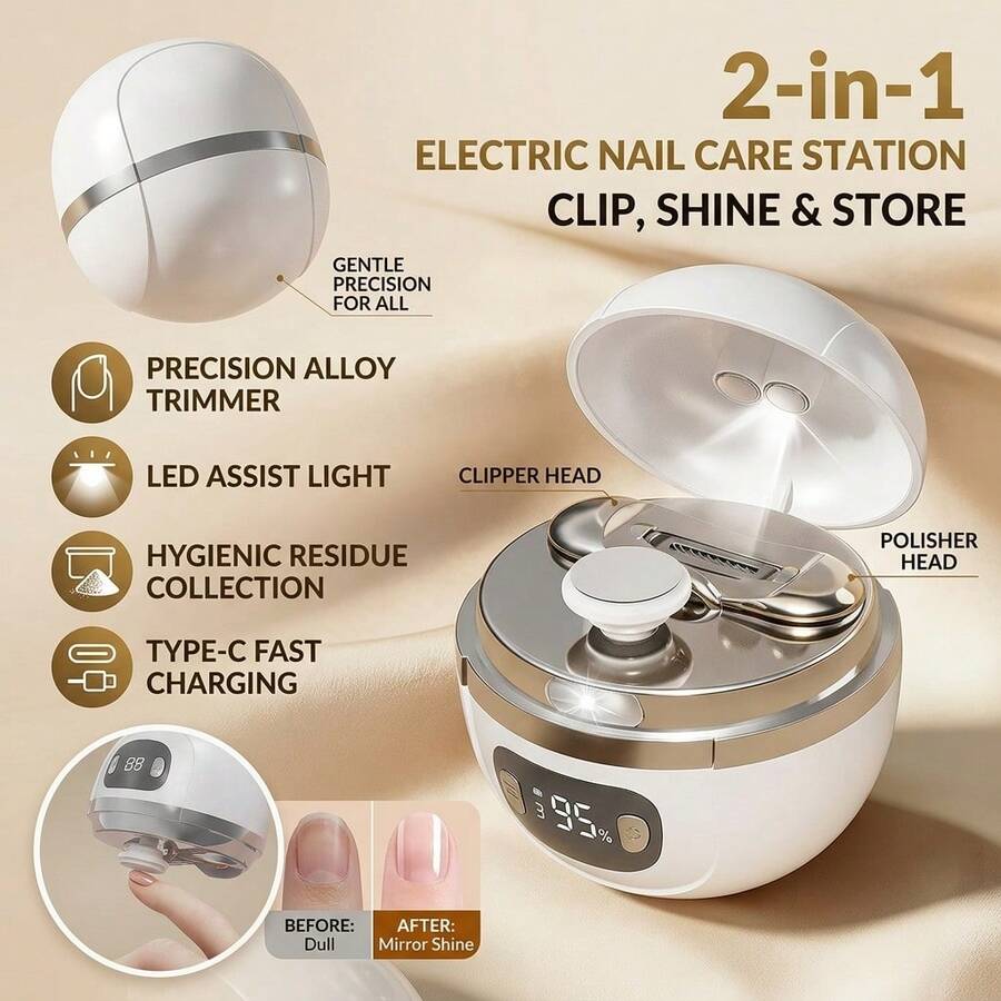 2-In-1 Electric Nail Clipper & Polish Grinder With LCD Display, 3-Speed Automatic Trimmer, LED Light & Residue Storage, USB-C Rechargeable Manicure Care Tool - Multicolor - View 1
