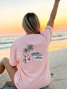 Yellow Women's T-Shirt With Tropical Print - Loose-Fitting Short-Sleeved Top For Beach Holidays With Palm And Hibiscus Pattern, Soft, Comfortable - Pink Color - View 1