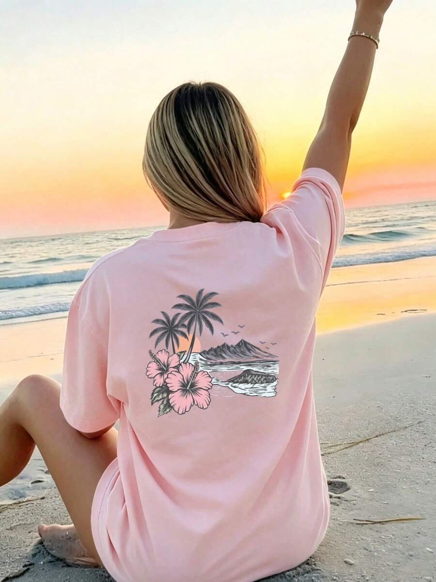 Yellow Women's T-Shirt With Tropical Print - Loose-Fitting Short-Sleeved Top For Beach Holidays With Palm And Hibiscus Pattern, Soft, Comfortable - Pink Color - View 1