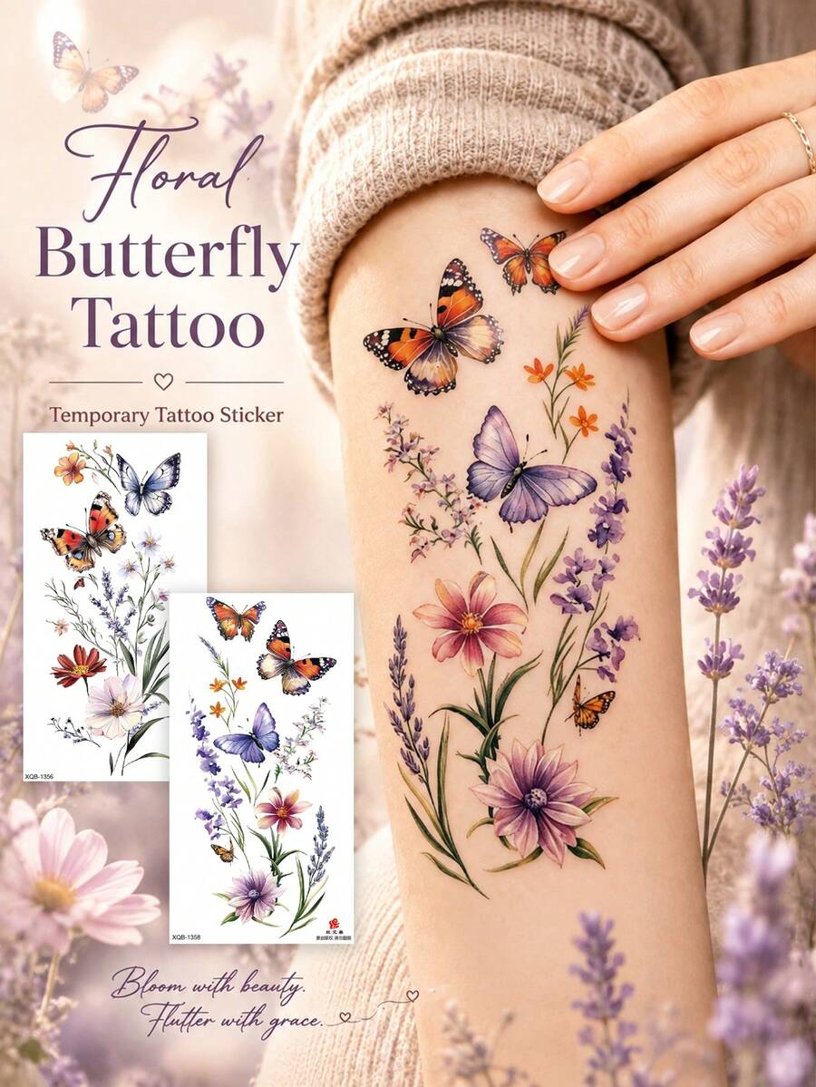 Floral Butterfly Temporary Tattoo Sticker, Colorful Butterfly And Wildflower Design, Romantic Botanical Fake Tattoo For Women, Waterproof Long Lasting Body Art Decal, Nature Inspired Flower Tattoo, Elegant Spring Garden Style Temporary Tattoo - Multicolor - View 1