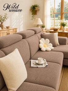 1pc Solid Color Thickened Corn Fleece Sofa Seat Cushion Cover, Non-Slip Elastic All Season Home Decor Sofa Slipcover - Khaki Corn - View 2