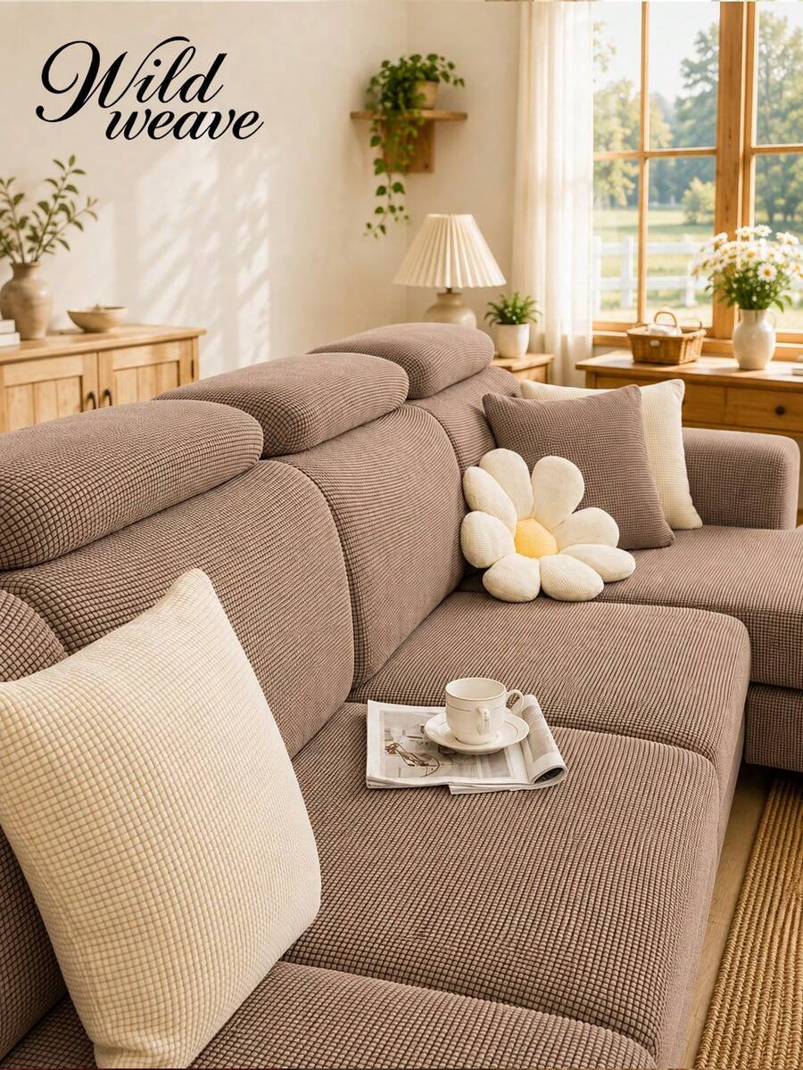 1pc Solid Color Thickened Corn Fleece Sofa Seat Cushion Cover, Non-Slip Elastic All Season Home Decor Sofa Slipcover