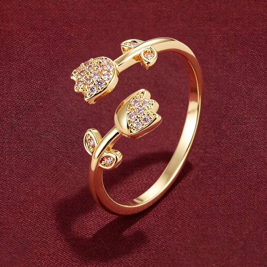 1pc Exquisite Rose Flower Shaped Open Adjustable Design Cubic Zirconia Inlaid Women's Ring Couple Gift Design - Multicolor - View 1