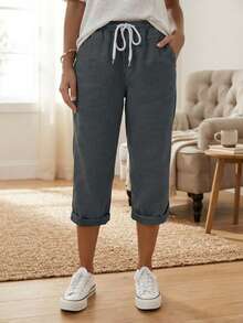 Pantalones casuales de talla grande para mujer Jisfaneya, unicolor, largo 3/4, cintura elástica con cordón y diseño de bolsillos para verano - Gris Oscuro - Ver 1