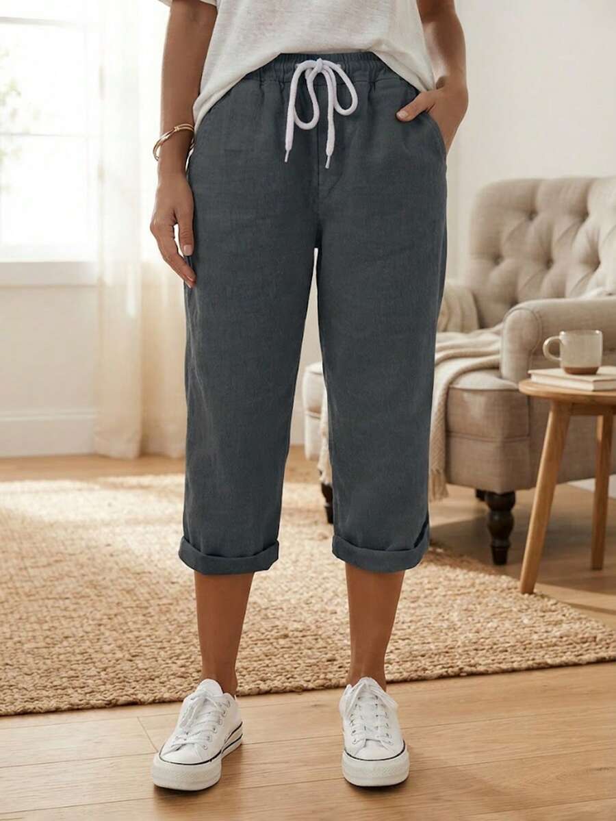 Pantalones casuales de talla grande para mujer Jisfaneya, unicolor, largo 3/4, cintura elástica con cordón y diseño de bolsillos para verano - Gris Oscuro - Ver 1