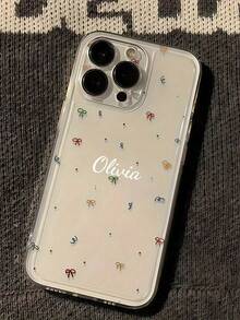 Dark Burgundy Background Retro Butterfly Floral Custom Personalized Cursive Name Phone Case, Custom Unique Hand Letter Vintage Girly Aesthetic Shockproof Protective Cover For All Mobile Models - Clear - View 1