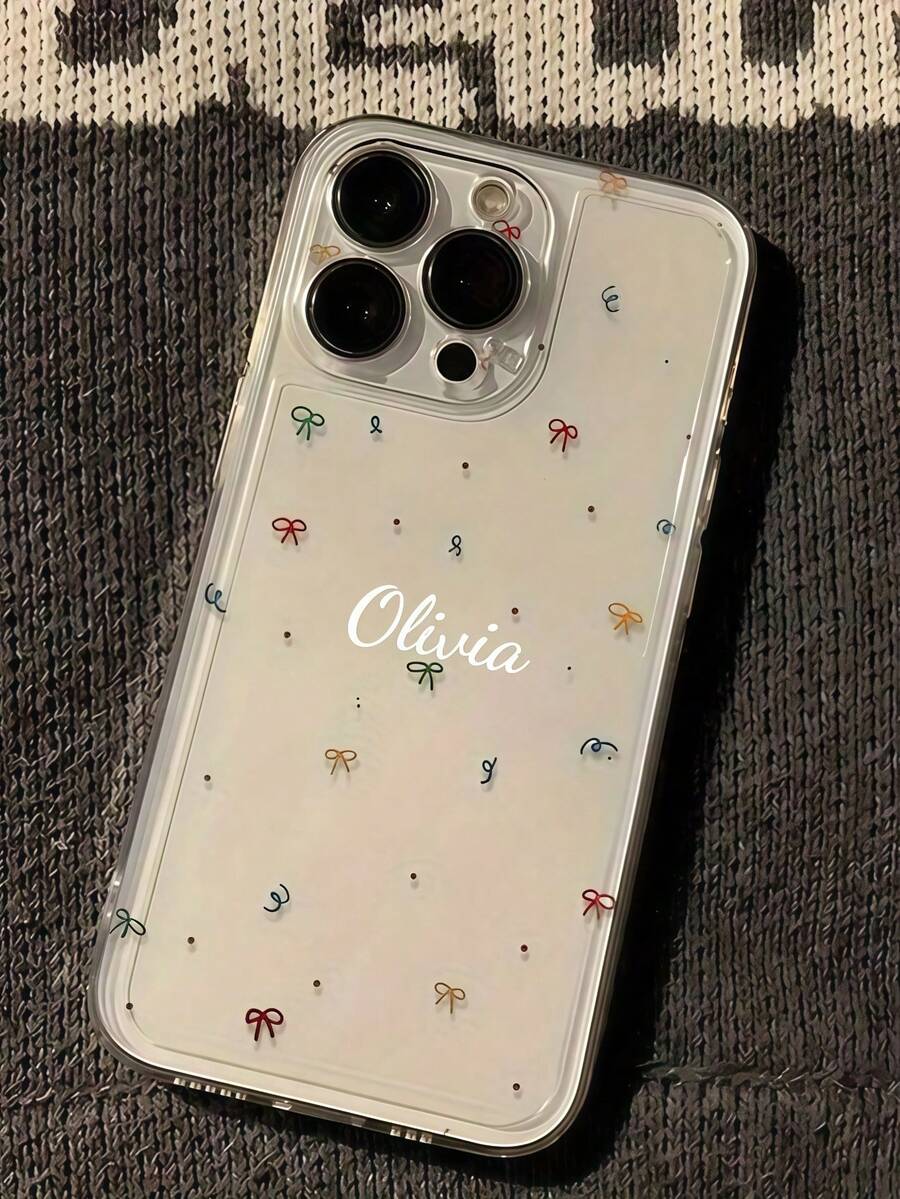 Dark Burgundy Background Retro Butterfly Floral Custom Personalized Cursive Name Phone Case, Custom Unique Hand Letter Vintage Girly Aesthetic Shockproof Protective Cover For All Mobile Models - Clear - View 1