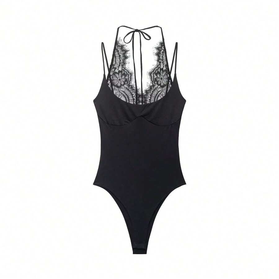 Camellia New Summer Women's Fashion Sexy Contrast Lace Halter Bodysuit Black - Black - View 1