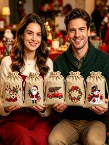 5/12pcs Christmas Burlap Gift Bags, Christmas Gift Bags, Reusable Drawstring Bags, 5 Christmas-Themed Designs Randomly Shipped, Suitable For Christmas Party Favors, Birthday Gifts, Christmas Tree Decorations - Type a - View 8