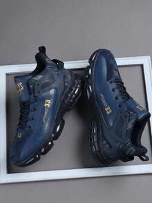 Men's Navy High‑Top Air Cushion Sneakers, Faux Leather Spliced Shock‑Absorbing Non‑Slip Outdoor Running Shoes - Navy Blue - View 2