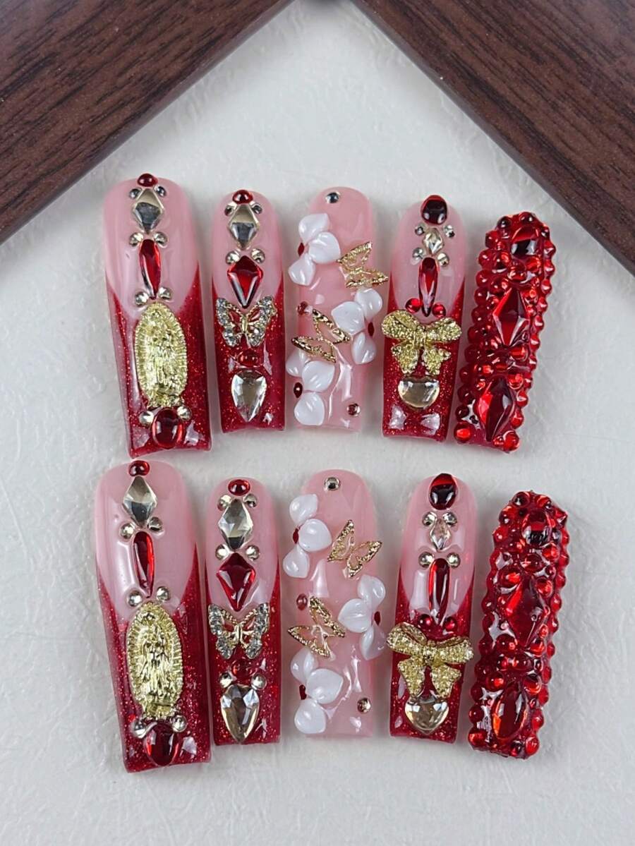 10pcs High-End Luxurious Retro Style, Hand-Painted Three-Dimensional Bow, Butterfly, Dazzling Rhinestones Handmade Fake Nails