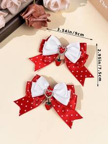 2pcs Polka Dot Satin Bow Hair Clips With Rhinestone Heart & Strawberry Pendant, Sweet Lolita Hair Accessories For Dating, Daily Wear And Photo Shoots - Multicolor - View 7