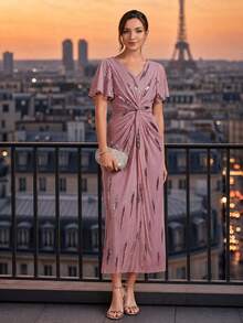 EVERPRETTY Elegant High Elasticity Comfortable Ruffle Tie-Knot Wrap Design Mid-Length Formal Evening Dress, Suitable For Wedding Guests, Brides, Mothers, Parties And Semi-Formal Occasions - Dusty Pink - View 2