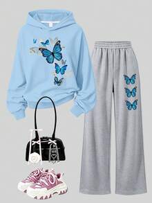 Fashion Street Youth Girl Butterfly Print Hooded Sweatshirt With Printed Loose Pants, 2-Piece Set For Autumn/Winter - Baby Blue - View 3