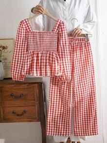 Left Mama Girls Sweet Elegant Square Neck Big Bow Plaid Long Sleeve Top & Straight Leg Pants Set, Spring/Autumn - Red - View 2