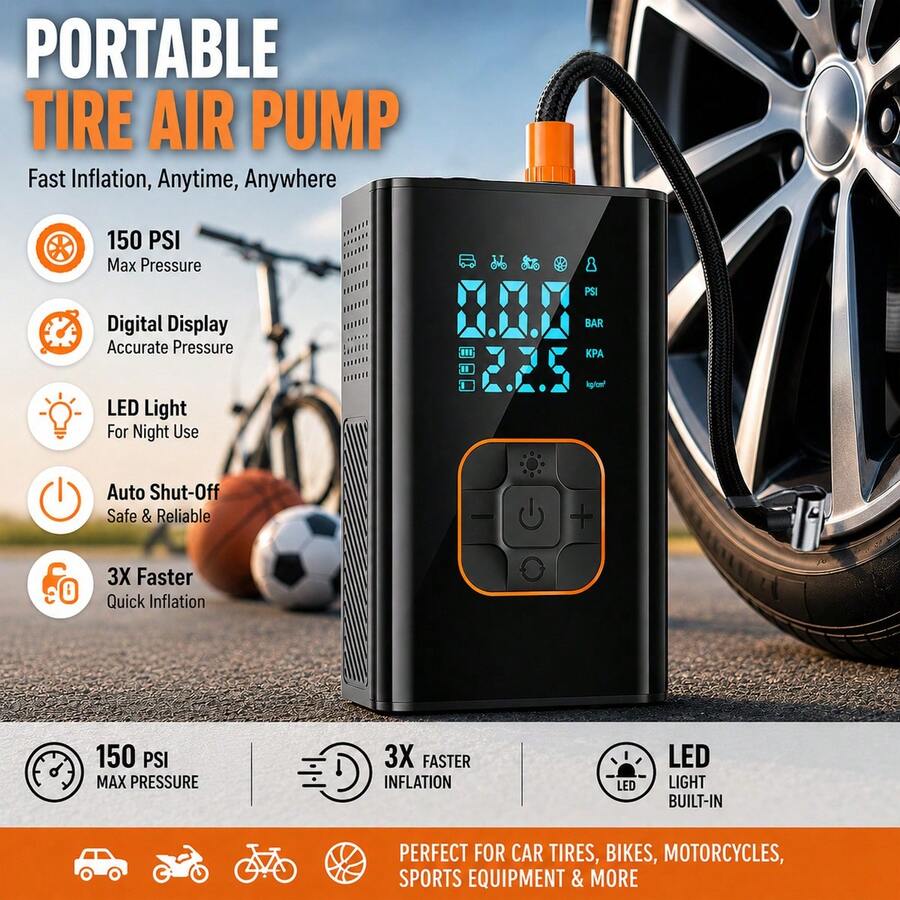 Pompa Ban Kompresor Udara Nirkabel 150PSI dengan Layar Digital, Pengisian Cepat, Mati Otomatis, dan Lampu LED, Pompa Ban Elektrik Isi Ulang untuk Mobil, Sepeda Motor, Sepeda, dan Bola Olahraga, Hanya Model D dengan Fungsi Pengisian Daya Ponsel, 7.4V/DC12V 2000MAH