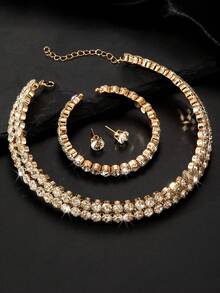 NAIZHU 3pcs/Set Women's Multi-Layer Gold-Tone Rhinestone Necklace, Bracelet And Earrings Set, Party Outfit Accessories - Gold - View 4