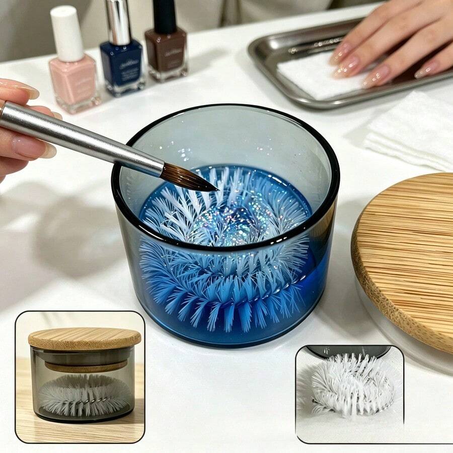 1pc Round Spiral Brush Filter Nail Art Brush Cleaning Cup, Nail Art Brush Light-Proof Cleaning Box, Multi-Function Cleaning & Soaking Box, Rhinestone Pearl Glitter Storage Box - Multicolor - View 1