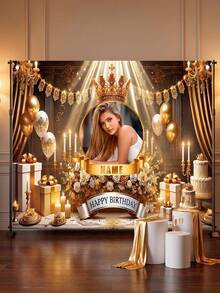 1pc-Personalized Birthday Banner, Customizable Party Decoration, Personalized Birthday Decor-Customizable Name & Photo Birthday Banner, Shiny Luxury Black & Gold Theme, Suitable For Any Age Birthday Banner. Made Of Durable Polyester Material, Suitable For Indoor & Outdoor Decoration, High-Quality Fabric, 2D Flat Design, Suitable For Indoor & Garden Layout, Perfect For Photo Backdrop, Celebration Events, - Multicolor - View 2