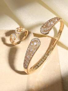 rakol 2pcs Fashion Cubic Zirconia Asymmetrical Decor Ring & Bracelet Set - Vintage Silver - View 10