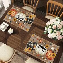 1/4/6pcs Autumn Series Plaid Bow Pumpkin Sunflower Pattern Printed Placemats, Heat-Resistant Table Mats For Home Kitchen/Dining Table Protection, Party Decor - Multicolor - View 4