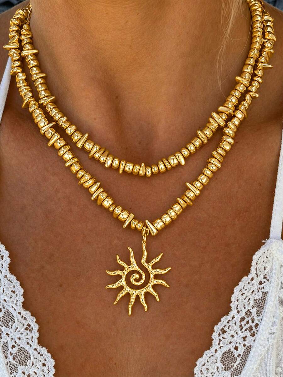 1pc Fashionable Minimalist Exaggerated Old Money Style CCB Asymmetrical Geometric Shape Beaded Sun Pendant Necklace For Women, Vacation, Date, Party, Ball, Banquet, Holiday, Birthday Gift, Daily Wear - Yellow Gold - View 1