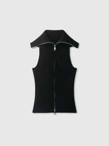 Zipper Ribbed Knit Vest Top - Black - View 8