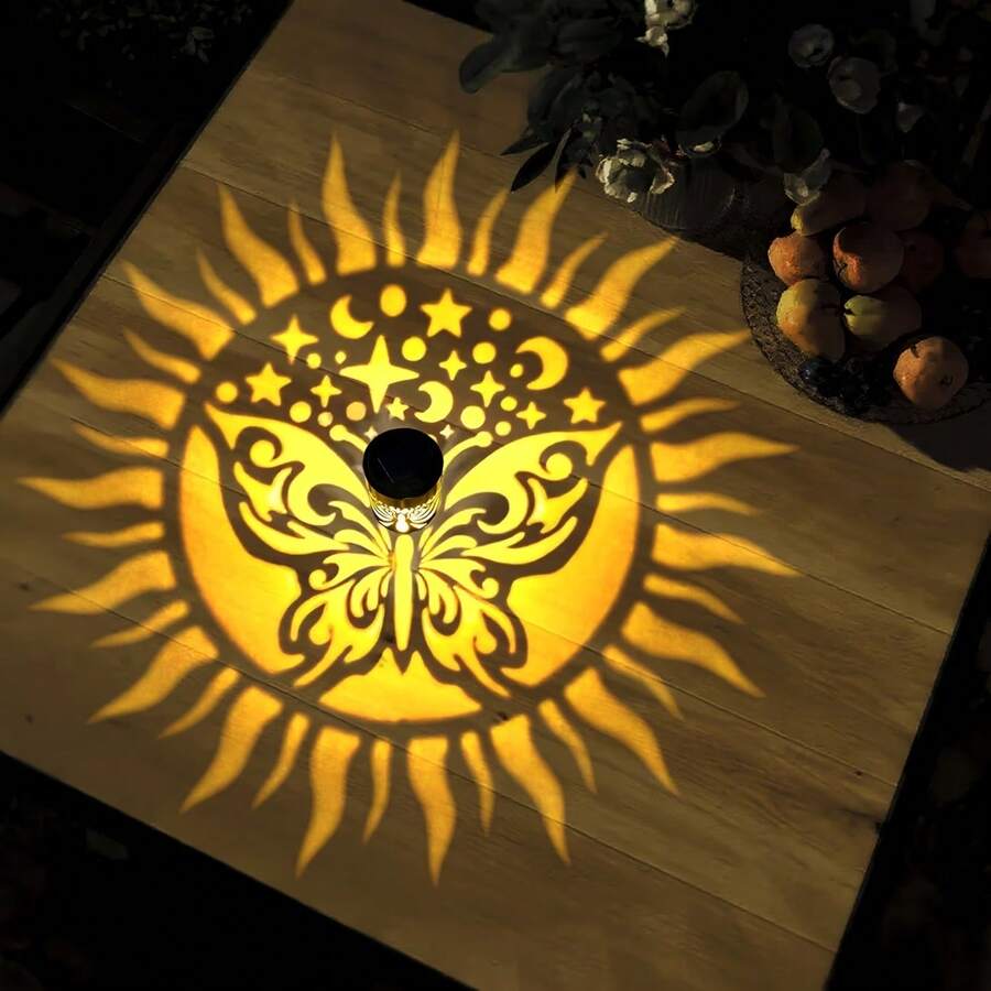 1‑2Pcs Outdoor Solar Star Moon Butterfly Projection Wall Lights,IP65 Waterproof Dusk Auto Sensor Openwork Shadow Lamp,Warm Multicolor Dreamy Mottled Glow Wall Fixture,Garden Chateau Decoration,Halloween Christmas Holiday Ornament Lights