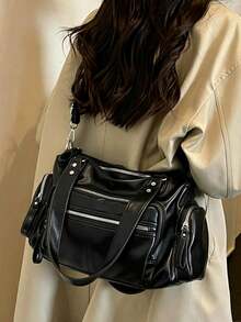 Bolso Tote de tela brillante desgastada con múltiples bolsillos y detalle de cremallera, estilo relajado y casual, gran capacidad holgada, adecuado para ir al trabajo, compras, viajes y salidas, diseño vintage de nicho horizontal - Negro - Ver 7