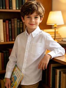 6-16 Years Old Boys' Long Sleeve White Dress Shirt, Suitable For Weddings, Formal Events, With Pockets - White - View 5