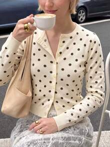 Soft Knit Cream White Polka Dot Cardigan Sweater Women Button Long Sleeve Short Jacket French Elegant Vacation Daily Wear - Apricot - View 4