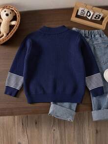 Boys' Preppy Color-Block Striped Stand Collar Knit Cardigan Sweater, Suitable For School Daily Wear In Spring, Autumn And Winter - Navy Blue - View 4