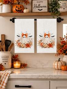 2pcs/4pcs Cute Halloween Ghost Kitchen Towel Set, Orange Bow Ghost & Autumn Floral Print, White Microfiber Absorbent Hand Towels, Bathroom Decor Holiday Gift - Multicolor - View 1