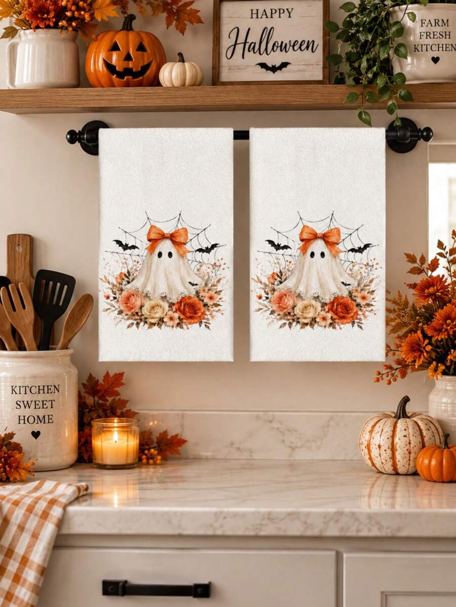 2pcs/4pcs Cute Halloween Ghost Kitchen Towel Set, Orange Bow Ghost & Autumn Floral Print, White Microfiber Absorbent Hand Towels, Bathroom Decor Holiday Gift - Multicolor - View 1