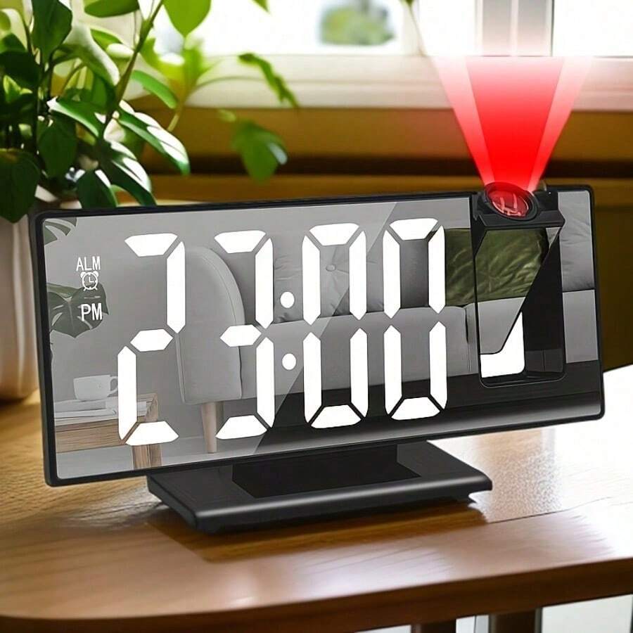 Reloj digital multifuncional con proyección LED, reloj despertador digital inteligente de pantalla colorida para dormitorio, escritorio, regalos, cumpleaños, graduación, decoración de habitación, decoración escolar, sorpresa escolar, decoración de dormitorio, decoración del hogar, útiles escolares - Concha negra con texto blanco - Ver 1