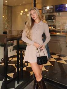FOR BEAUTY Fall Winter Women Sweater Dresses Y2K Elegant Beige Button Up Lapel Long Sleeve Ribbed Knit Bodycon Mini Dress Casual Party Going Out Look - Light Pink - View 2