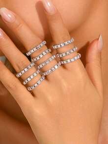 10 Piece Iron Ring Set, Set With Rhinestone And Stackable Plain Ring, Elegant Finger Accessory For Women's Daily Parties - Pink - View 3