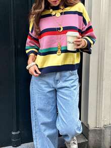 Women's New Autumn Colorblock Striped Knit Top, Casual Daily Commute, Preppy Style - Yellow and Pink - View 3