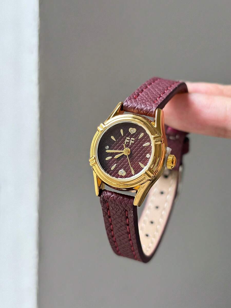 1pc Deep Red Small Round Dial Deep Red PU Strap Gold Case Fashion Women's Watch, Suitable For Daily Wear - Red - View 1