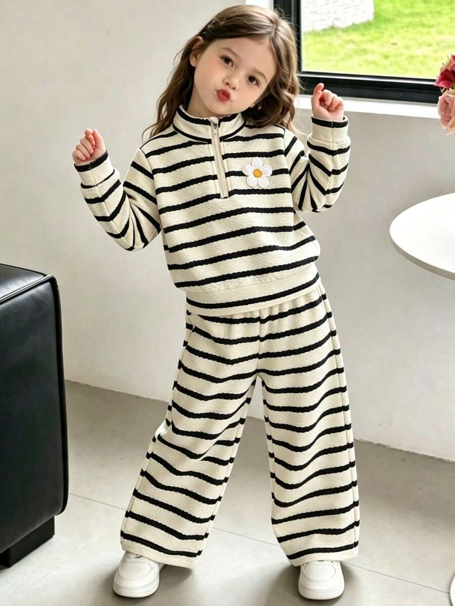 Lurzo Girls' 2-Piece Waffle Stripe Half-Zip Stand Collar Set, Daisy Print + Half-Zip Loose Top With Casual Pants, Suitable For Daily Wear - Apricot - View 1