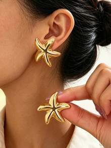 6 Pairs Gold Starfish, Seashell, Conch, 5-Petal Flower Earring Set, Suitable For Summer Travel And Vacation Wear, Best Gift For Family And Friends - Gold - View 4