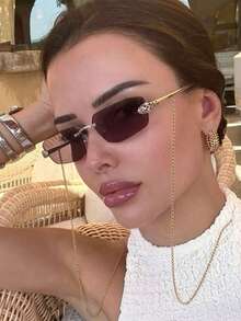 2pcs Polygon Small Frame Multifunctional Personalized Women Fashion Glasses, Fashionable & Unique Glasses Suitable For Travel And Beach Wear - 2pcs+Brown+Chain - View 2