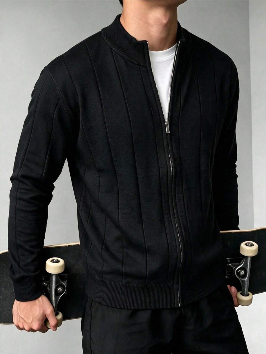 ZYNTH BALENO Men's Fashion Striped Slim Fit Cardigan Long Sleeve Sweater, Suitable For Gym Workouts Sports - Black - View 1