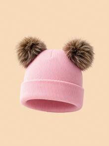 1PC Kids Solid Color Double Pom Pom Basic Cuffed Knit Hat, Multiple Color Options For Fashion Matching, Soft And Elastic Suitable For Autumn/Winter Multiple Occasions, Fits Both Boys And Girls - Multicolor - View 5
