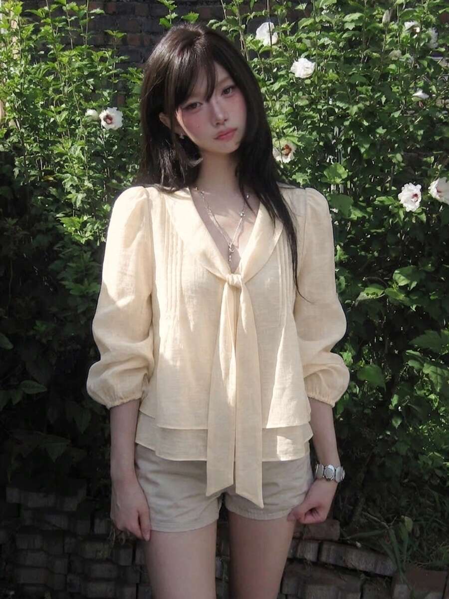 Blus Elegan Serbaguna Bergaya Korea YCYC dengan Pita untuk Wanita - Aprikot - View 1