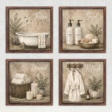 4pcs/Set Bathroom Wall Decor, Wooden Picture Frame, Bath Towel Plant Bath Towel Pattern Design, For Bathroom Decor, Toilet Decor, Home Decor, Country Farmhouse Decor, Desktop Decor, Home Gifts - Bathroom - View 12