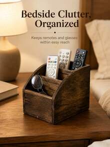 Solid Wood Remote Control Organizer Box | Retro Multi-Compartment Bedside Cabinet Storage Box For Living Room Desktop, Multipurpose Use, Shelf Baskets - Multicolor - View 3